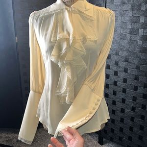 BEBE Ruffle Eyelet  half Button Down long sleeves 100% silk. VINTAGE.